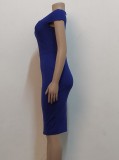 Frauen-Sommer-blauer reizvoller quadratischer Kragen-Kurzschluss-Hülsen-festes Midi-Kleid