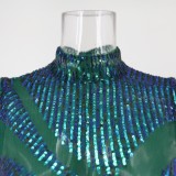 Mini vestido con lentejuelas transparentes sin mangas con cuello en O sexy verde de verano para mujer