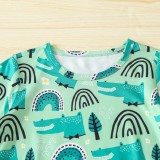 Boy Summer Print Long Sleeve Round Neck T-Shirt And Shorts Two Piece Set