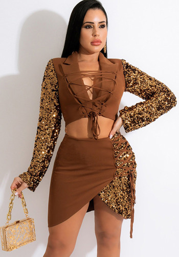 Spring Sexy Brown Contrast Sequins Bandage Long Sleeve Crop Top And Mini Dress Two Piece Set