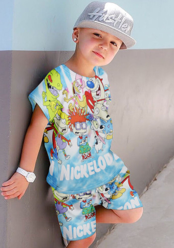 Boy Summer All Over Cartoon Print Round Neck Short Sleeve And Shorts Two Piece Set