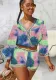 Women Spring Print Vintage V-Neck Three Quarter Sleeves High Waist Two Piece Shorts Set