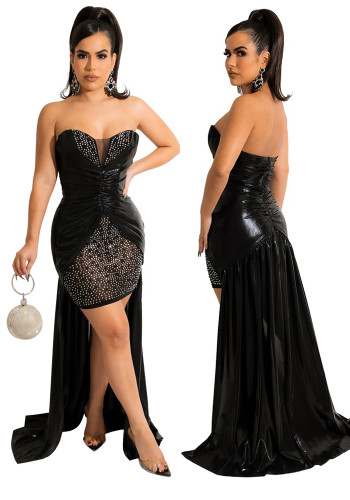 Lente sexy zwart met strass off-shoulder mouwloze lange jurk