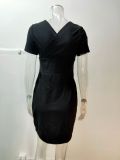 Spring Black Short Sleeves Knitting V-Neck High Waist Club Dress