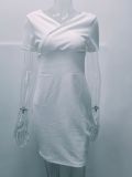 Spring White Short Sleeves Knitting V-Neck High Waist Club Dress