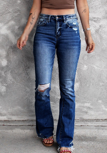 Women Spring Blue Mid Waist Ripped Jeans Pants