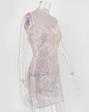 Mini vestido con lentejuelas transparentes sin mangas con cuello redondo sexy de verano para mujer