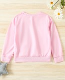 Girl Spring Pink Flower Emb Round Neck Long Sleeve T Shirt