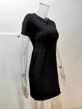 Spring Black Short Sleeves Knitting V-Neck High Waist Club Dress