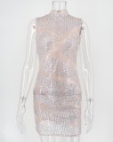 Mini vestido con lentejuelas transparentes sin mangas con cuello redondo sexy de verano para mujer