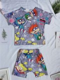 Boy Summer All Over Cartoon Print Round Neck Short Sleeve And Shorts Two Piece Set