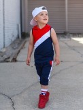 Boy Summer Contrast Red Color Sleeveless With Hood Top And Pant Two Piece Set
