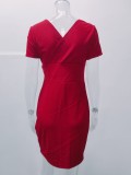 Spring Red Short Sleeves Knitting V-Neck High Waist Club Dress