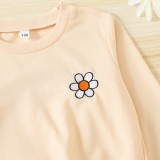 Girl Spring Beige Flower Emb Round Neck Long Sleeve T Shirt