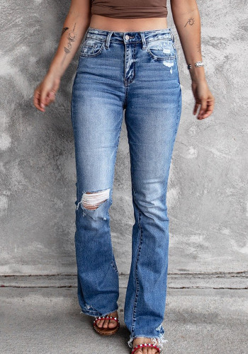Calça jeans rasgada feminina primavera cintura média