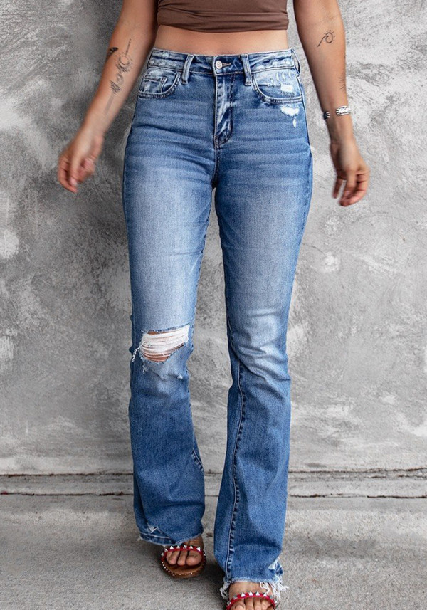 Frauen-Frühlings-mittlere Taillen-zerrissene Jeans-Hosen