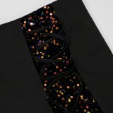 Spring Sexy Black Contrast Pailletten Bandage Langarm Crop Top und Minikleid Zweiteiler