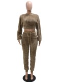 Women Winter Brown Casual O-Neck Long Sleeves Top And Pant Wholesale 2 Piece Sets