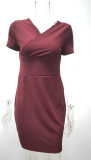 Spring Burgunry Short Sleeves Knitting V-Neck High Waist Club Dress