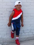 Boy Summer Contrast Red Color Sleeveless With Hood Top And Pant Two Piece Set