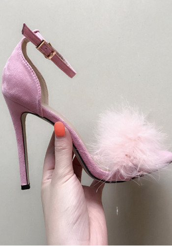 Элегантные розовые туфли на высоком каблуке с открытым носком из искусственного меха