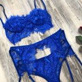 Women Blue Romantic Lace Garter Sexy Bra Set
