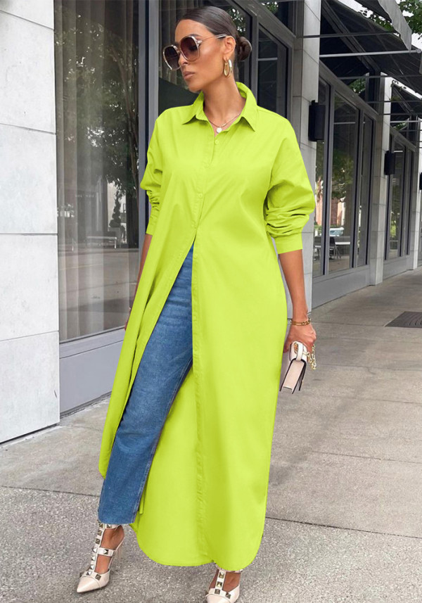 Women Spring Green Formal Turn-down Collar Full Sleeves Solid X-Long Blouse