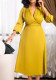 Women Spring Yellow Formal V-neck Three Quarter Sleeves Solid Midi A-line Office Dress