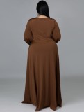 Damen Sommer Braun Modest V-Ausschnitt Volle Ärmel Solide Schlitz Maxi Plus Size Langes Kleid