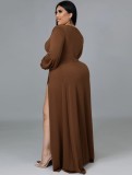 Women Summer Brown Modest V-neck Full Sleeves Solid Slit Maxi Plus Size Long Dress