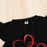 Zweiteiliges Set für Kinder, Mädchen, Sommer, schwarzes Herzhemd und roter Lederrock
