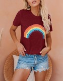 Frauen-Sommer-Burgunry-nettes O-Ansatz-Kurzarm-Regenbogen-regelmäßiges T-Shirt