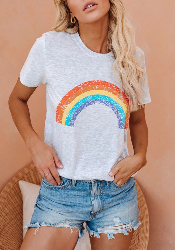 Frauen-Sommer-weißes süßes O-Ansatz-Kurzarm-Regenbogen-reguläres T-Shirt