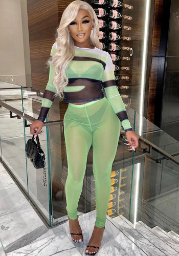 Set di pantaloni skinny a due pezzi in rete a blocchi di colore a vita alta con scollo a V sexy verde primavera da donna