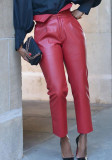 Mujer Primavera Burgunry Cintura alta Cremallera Volar Sólido Tobillo-Longitud Pantalones de cuero regulares