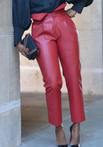 Women Spring Burgunry High Waist Zipper Fly Solid Ankle-Length Regular Leather Pants