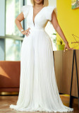 Women Summer White Formal V-neck Short Sleeves Solid Pleated A-line Evening Cocktail Jumpsuit