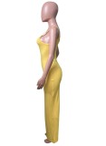 Mujer verano amarillo lindo correa sin mangas sólido Midi lápiz tanque vestido