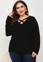 Women Spring Black Casual V-neck Full Sleeves Solid Lace Up Regular Plus Size Shirt