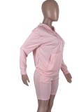 Conjunto de pantalones cortos de dos piezas para mujer, color rosa, informal, con capucha, mangas completas, color rosa
