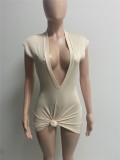 Frauen Sommer Beige Sexy V-Ausschnitt mit kurzen Ärmeln Solide gestricktes Mini-Etui-Club-Kleid