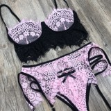 Women Pink Romantic Lace Garter Sexy Bra Set