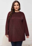Damen Frühling Burgunry Casual O-Neck Full Sleeves Regular Plus Size Shirt