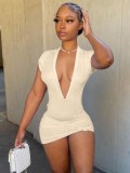 Frauen Sommer Beige Sexy V-Ausschnitt mit kurzen Ärmeln Solide gestricktes Mini-Etui-Club-Kleid
