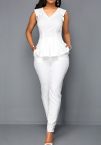 Frauen-Sommer-weißes formelles V-Ausschnitt ärmelloses regelmäßiges zweiteiliges Hosen-Set