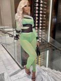 Conjunto de pantalones ajustados de dos piezas para mujer, color verde primavera, Sexy, cuello redondo, mangas completas, cintura alta, malla de bloqueo de Color