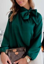 Kadın Bahar Yeşili Resmi O-Boyun Tam Kollu Katı Normal Bluz