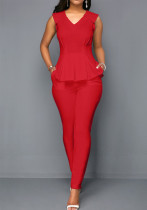 Frauen-Sommer-roter formeller V-Ausschnitt ärmelloses festes regelmäßiges zweiteiliges Hosen-Set
