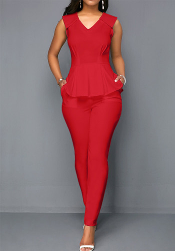 Conjunto de pantalones de dos piezas regulares sólidos sin mangas con cuello en V formales rojos de verano para mujer