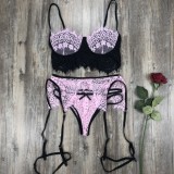 Conjunto de sujetador sexy con liga de encaje romántico rosa para mujer